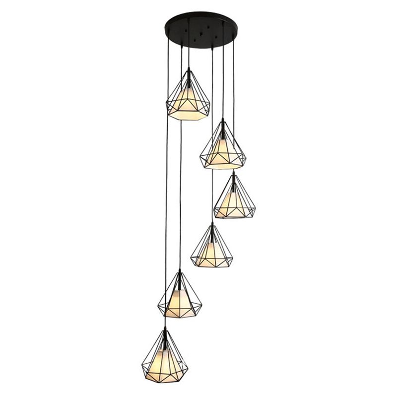 Simplicity Diamond Cage Hanging Light Metallic Staircase Multi Light Pendant with Inner Cone Shade in Black