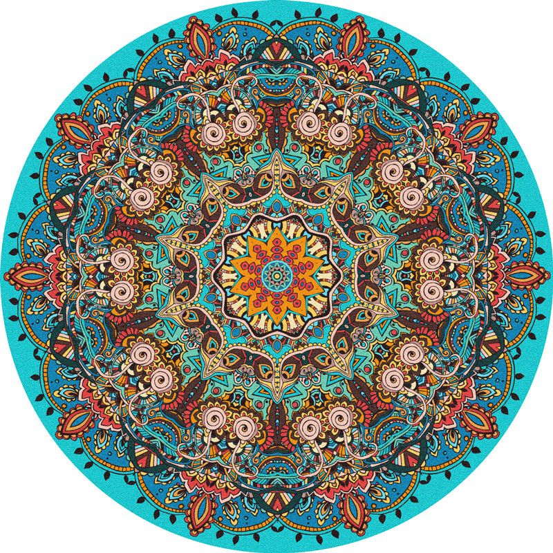 Round Multicolor Persian Indoor Rug Polyester Floral Print Carpet Easy Care Rug for Home Decoration