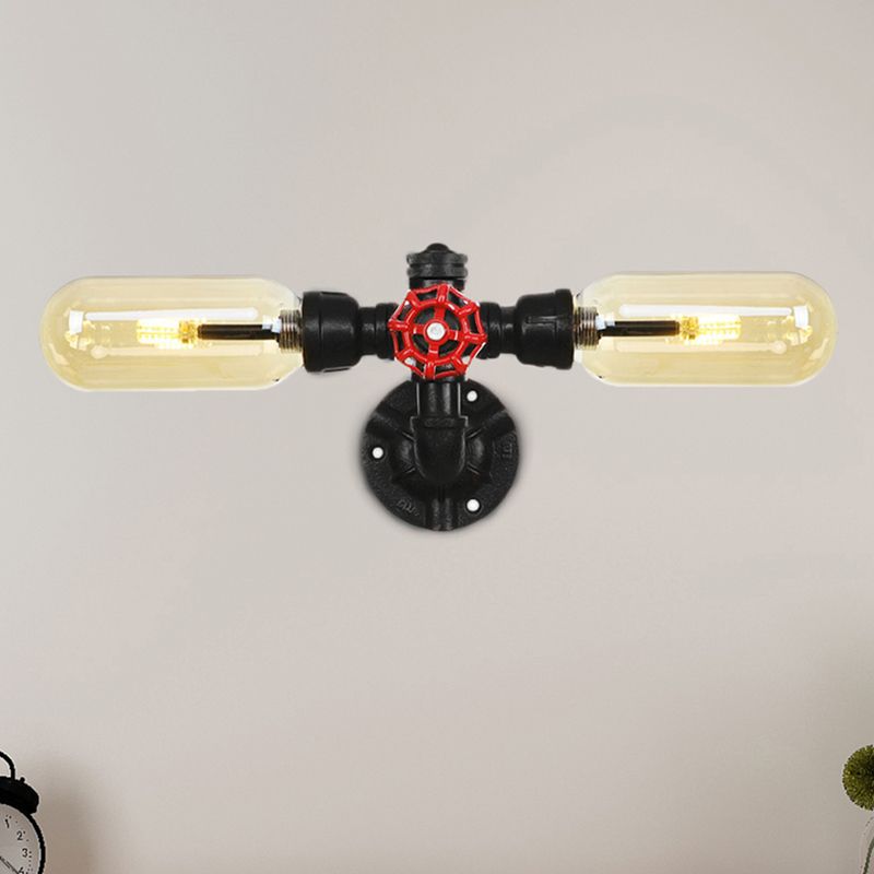 1/2 Bulb Wall Light Capsule Amber Glass Industrial Dining Room Sconce Lighting Fixture in Black with Pipe Design