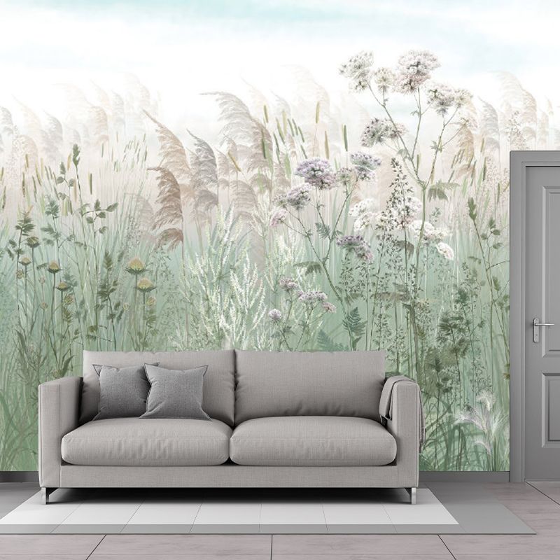 Reed Grass Plant Wall Murals Countryside Non-Woven Material Wall Covering in Grey-Green