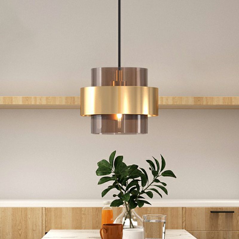Cognac Glass Cylindrical Pendant Light Fixture Nordic 1 Head Hanging Lamp with Gold Ring Guard