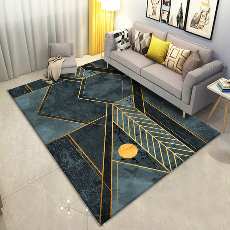 Modern Geometric Lines Printed Rug Black Tone Polyester Area Carpet Non-Slip Backing Rug for Living Room