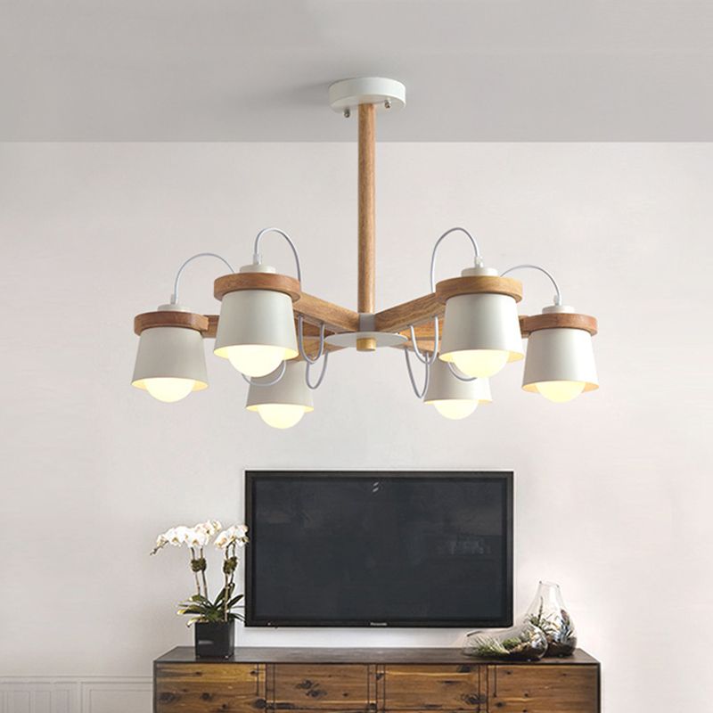 Estilo de rueda Semi Flush Nordic 6 Bulbos Araña de montaje de techo blanco con pantalla de lámpara de barril