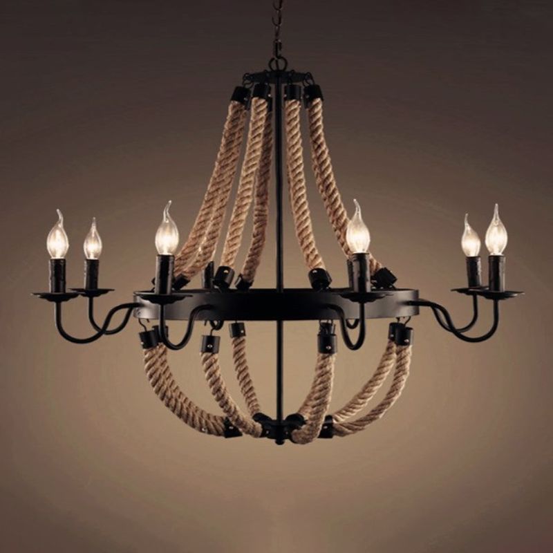 Loft Style Candelabrum Chandelier 8 Bulbs Hemp Rope Hanging Lamp in Black for Living Room