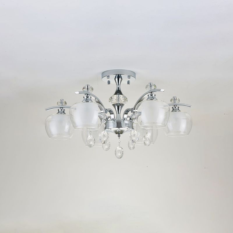 Clear Glass Sputnik Semi Flush Modernist 6 Heads Living Room Flushmount in Chrome with Crystal