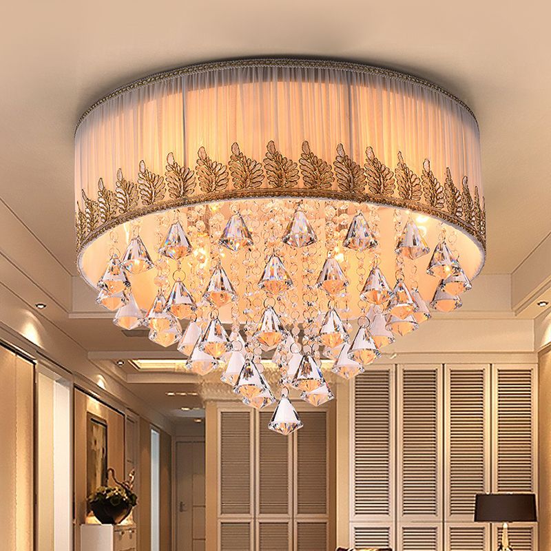 Braided Trim Pleated Fabric Ceiling Lamp Modern 4-Light Lounge Flushmount with Clear Crystal Diamond Drape