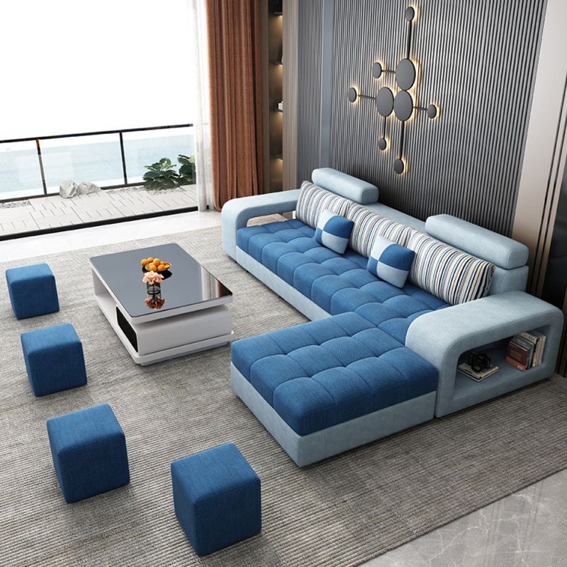 Farmhouse U Sofa in Blue Loose Back Faux Leather/Fabric Seating with Storage