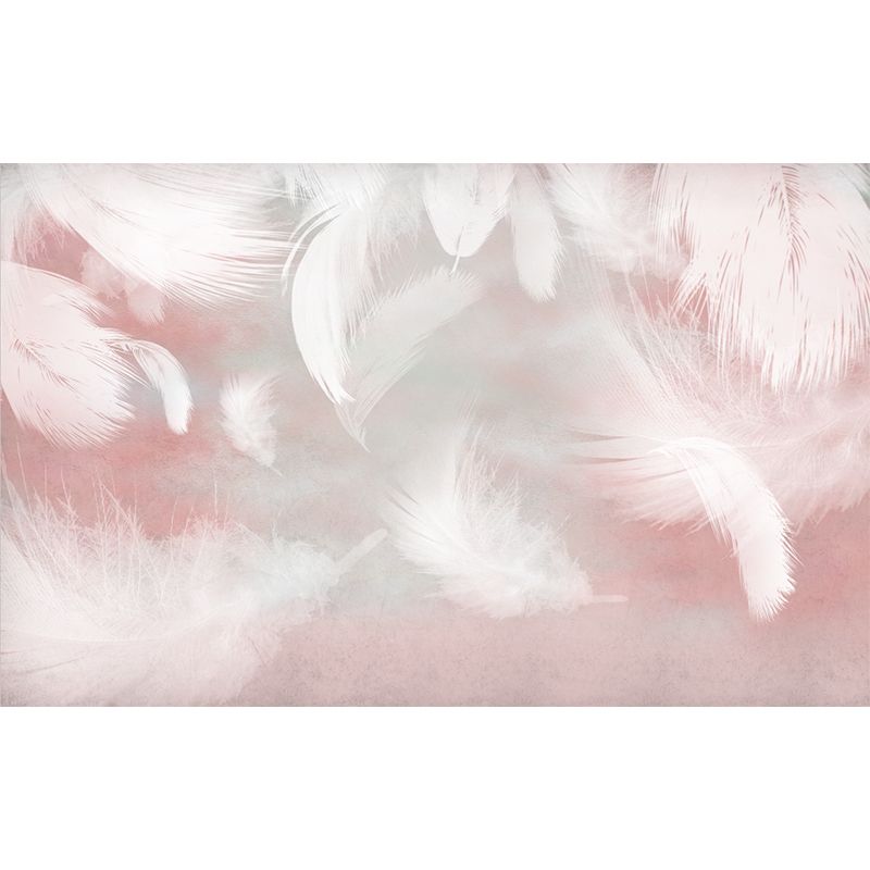 Pink-White Feathers Wall Mural Stain Resistant Wall Decor for Girls Bedroom, Non-Woven Fabric