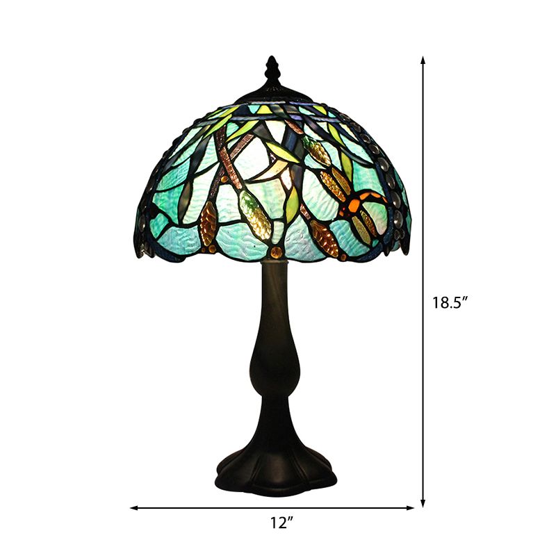 Restaurant Plug In Desk Light Stained Glass 1 Head Tiffany Rustic Reading Light with Peacock Tail/Dragonfly Design in Green