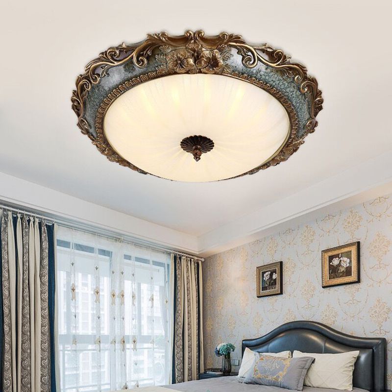 Resin Brass Flush Mount Lighting Round Shape 12"/16"/19.5" W 2/3-Light Rustic Ceiling Lamp with Floral Pedestal