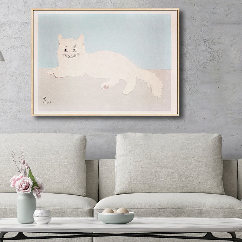 White Cat Wall Art Print Kids Lovely Painting Animal Canvas in Blue for Baby Room