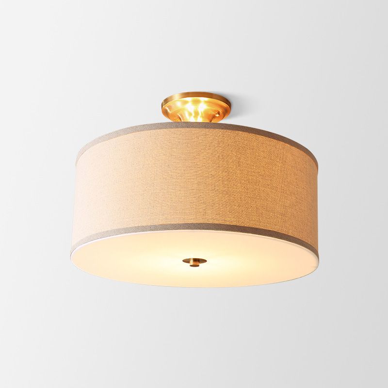 Traditional Drum Shaped Semi Flush Mount Fabric Flush Ceiling Light Fixture in Beige