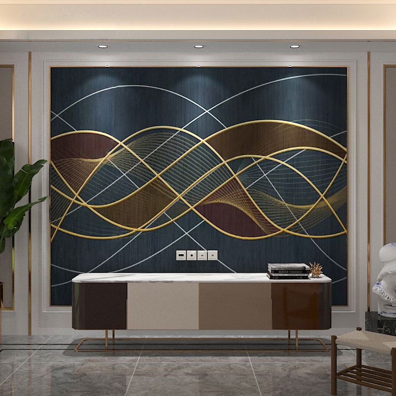 Modern Swirling Line Mural Wallpaper Dark Blue Coffee Shop Wall Covering, Full Size