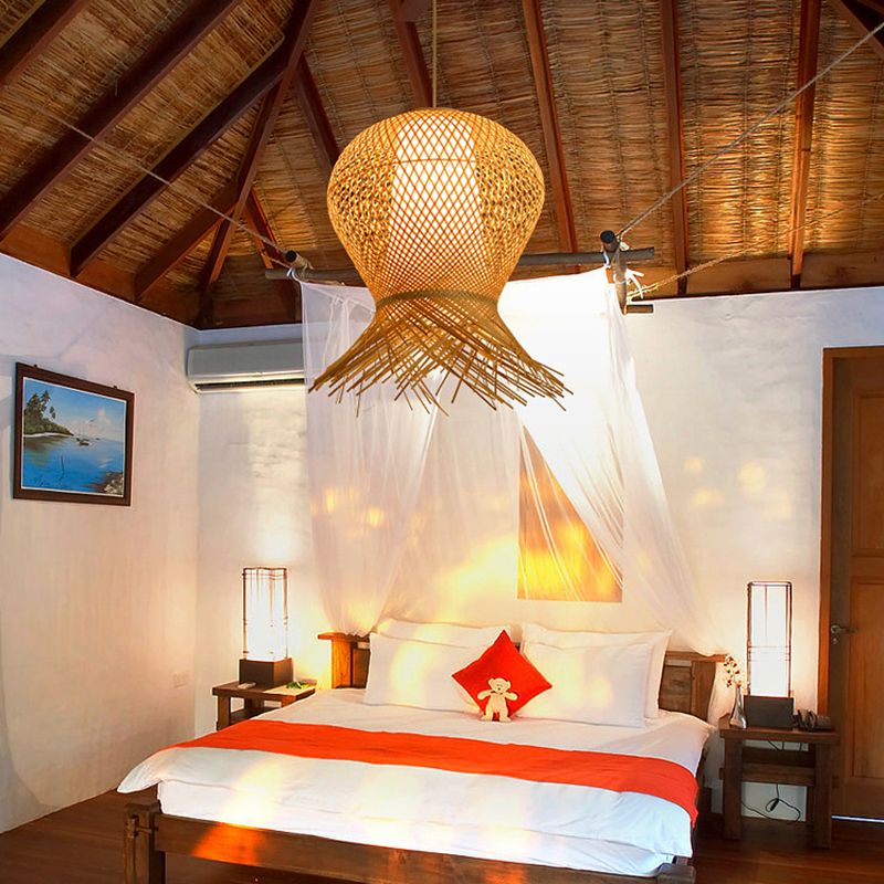 Beige Hand-Woven Pendant Chinese Style 1 Bulb Bamboo Hanging Light for Dining Table