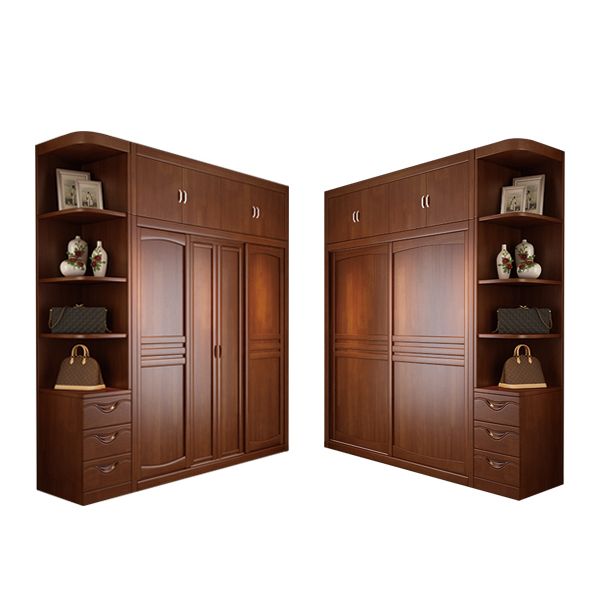 Rubber Wood Frame Wardrobe Freestanding Wardrobe Armoire with Shelves and Clothes Rail