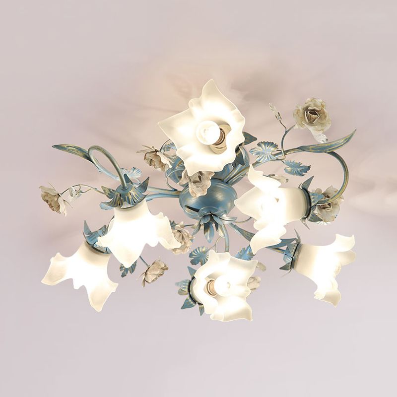 Verre d'opale florale Semi Flush Korean Garden 6/8 HEAD SOIR LEVIL LECLUATION PLADIER PLACE en bleu