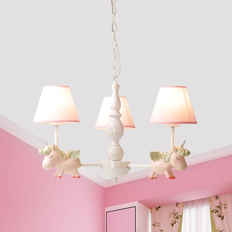 Chandelier de salle de pépinière, luminaire pendentif de dessins dessinées avec ombre en tissu de seau rose et licorne