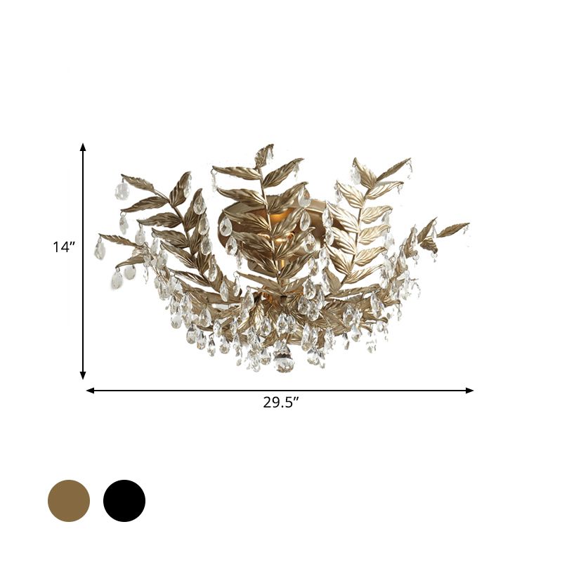 Crystal Orb Gold/Black Semi-Flush Mount Leaf 10 Heads Classic Style Close to Ceiling Light for Bedroom