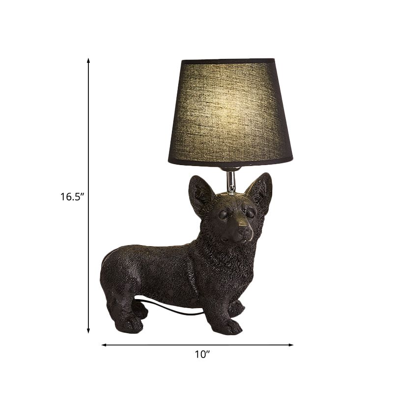 1 Bulb Fabric Night Table Light Traditional Black Drum Bedroom Nightstand Lamp with Resin Dog Base