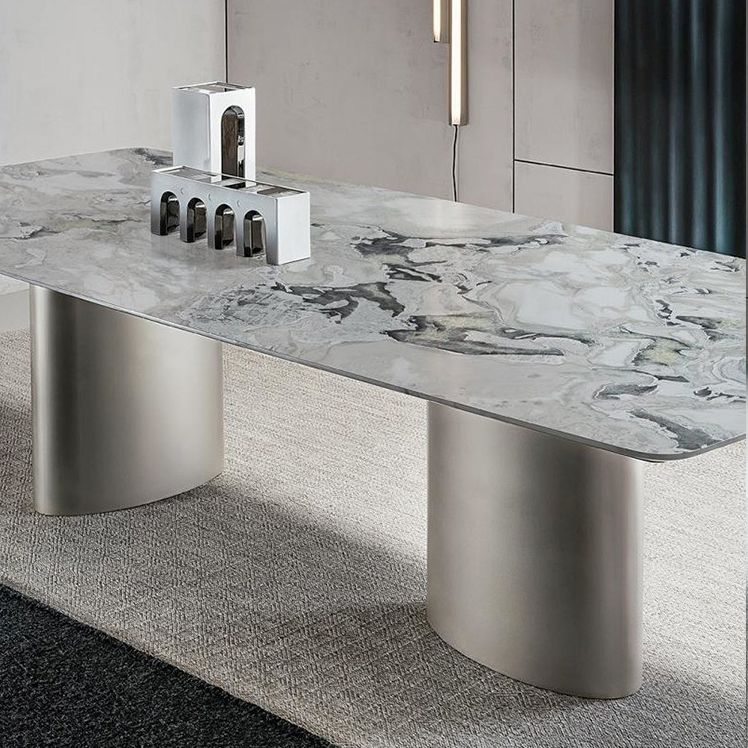 Mesa rectangular de lujo tradicional de metal, mesa superior de piedra sinterizada para comedor