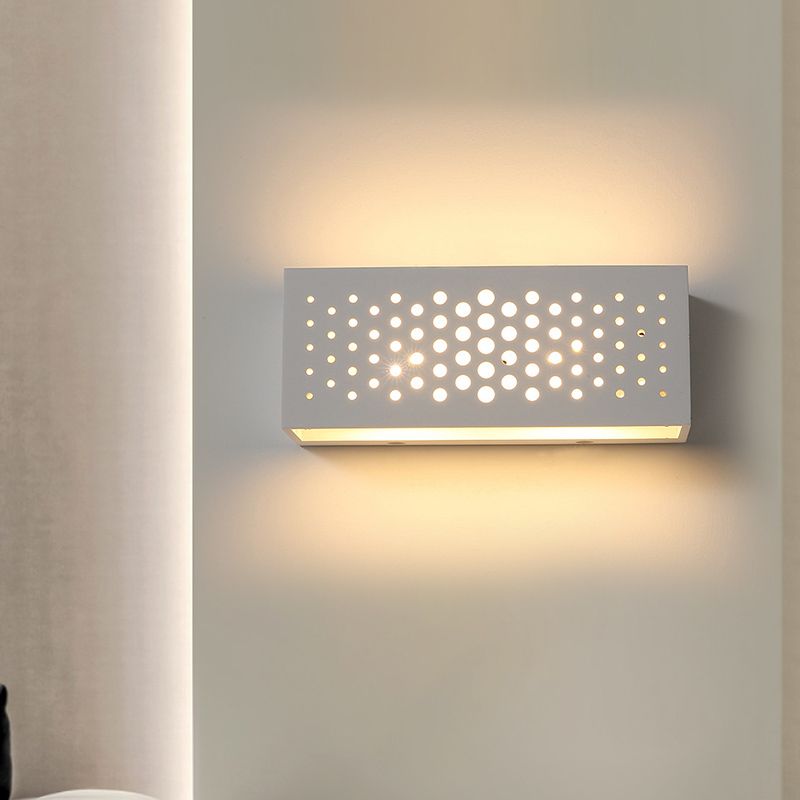 Rectangle Box Wall Sconce with Laser Cut Design Minimalist Gypsum 1 Head Bedroom Wall Light Fixture in White