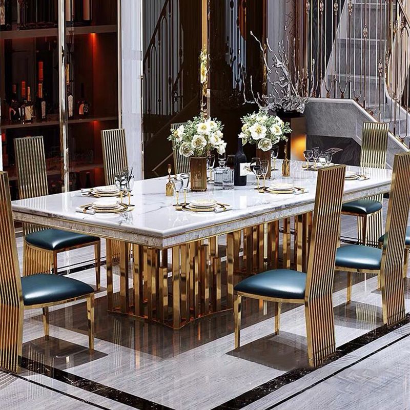 Traditional Luxury Marble Dining Table Rectangle Table with Metal Double Pedestal in Gold