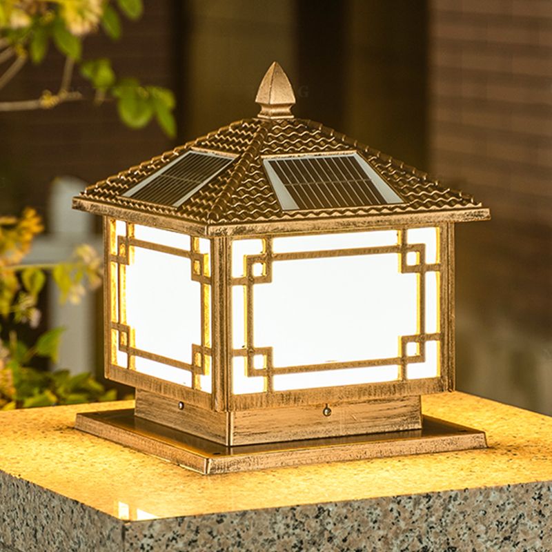 Square Shape Solar Pillar Lamp Contemporary Metal Outdoor Waterproof Light