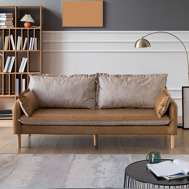 Contemporary Faux Leather Sofa Square Arm Couch with Pillows