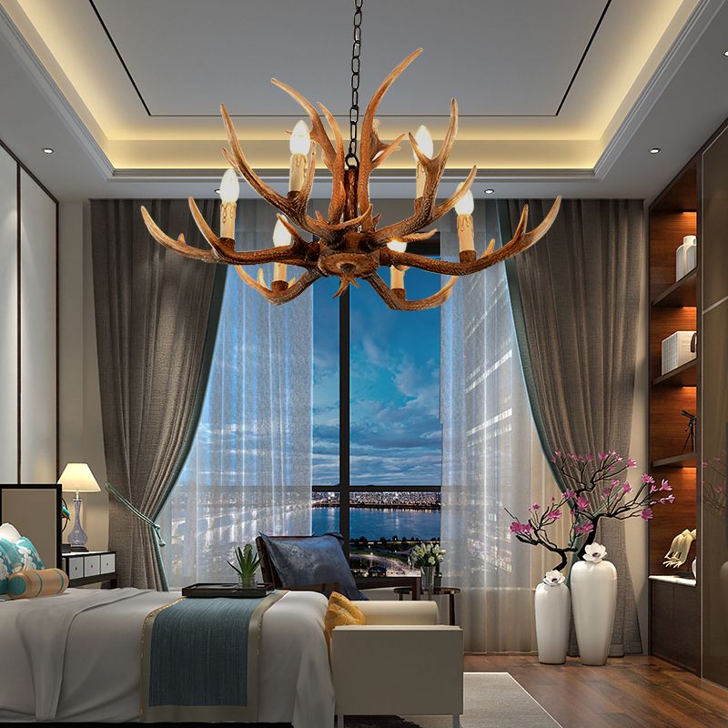 Resin Brown Hanging Chandelier Candelabra 4/6/8-Bulb Traditional Suspension Light for Living Room