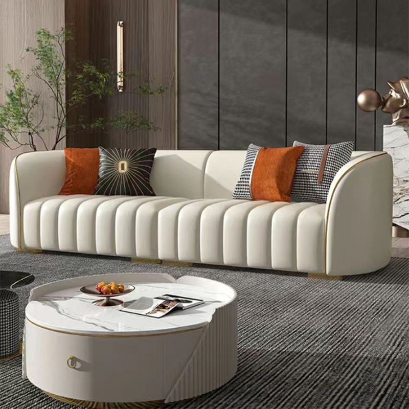 Genuine Leather Sloped Arm Sofa Modern Beige Sofa with Pillows