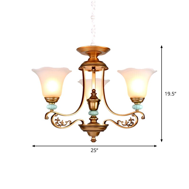 3/6/8-Head Bloom Ceiling Chandelier Rustic Style Gold Milky Glass Suspended Lighting Pendant with Curvy Arm