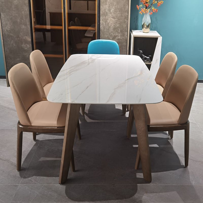 Stone Top Dining Table Mid-Century Modern Table with 4 Legs in Brown