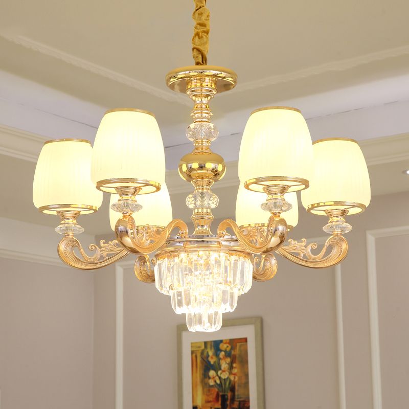 Barrel White Frosted Glass Chandelier Lighting Classic Bedroom Pendant Light with Tiered Crystal Accent