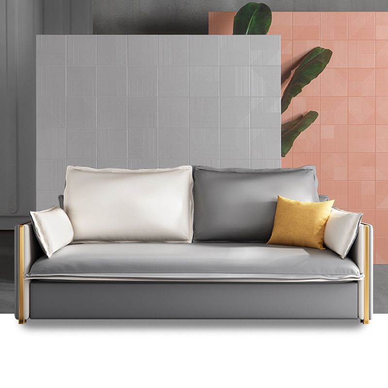 Modern Square Arm Faux Leather Sofa Bed with Pillows for Bedroom
