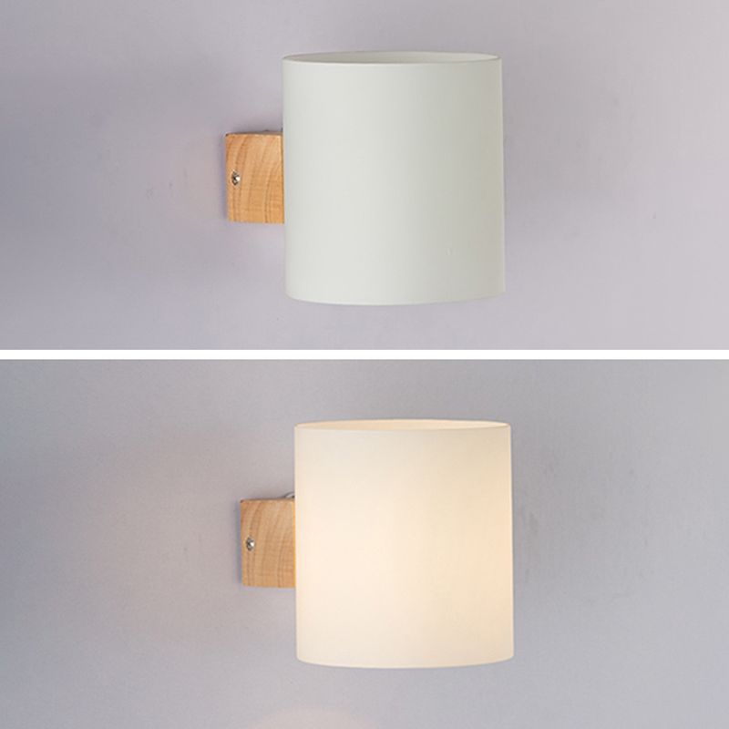 Wooden Cylindrical Wall Lamp in Modern Concise Style White Glass Wall Sconce for Interior Spaces