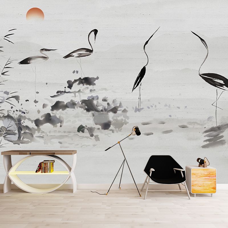 Traditional Crane Wall Mural for Accent Wall, Pastel Grey, Customized Size Available