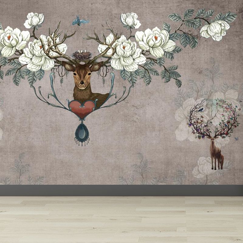 Deer with Flower Antler Mural Wallpaper Grey Modernist Wall Decor for Girls Room