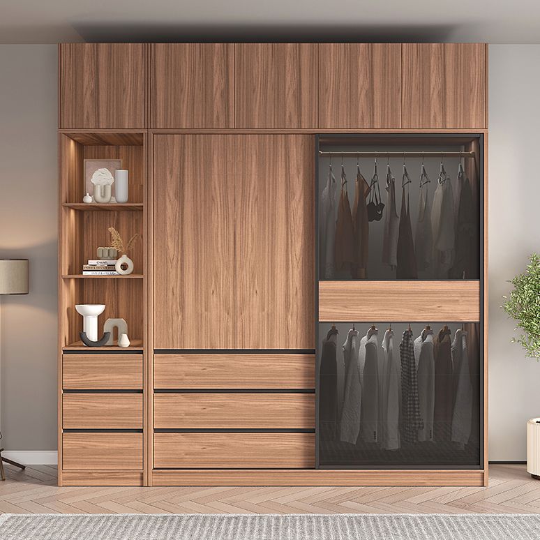 Sliding Wooden Wardrobe Closet Modern Brown Wardrobe Armoire