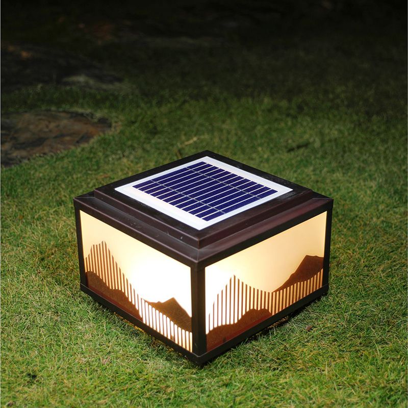 Rectangle Shape Metal Outdoor Light Modern 1 Light Solar Pillar Lamp in Brown