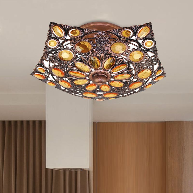 Metal Shade Brass Flushmount Lighting Hollow 3 Heads Bohemian Ceiling Mount for Hotel