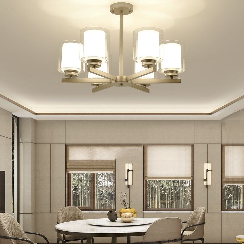 Double-layer Glass Shade Chandelier Lighting Fixture Traditional Style Cylindrical Pendant Hanging Light in Champagne Silver