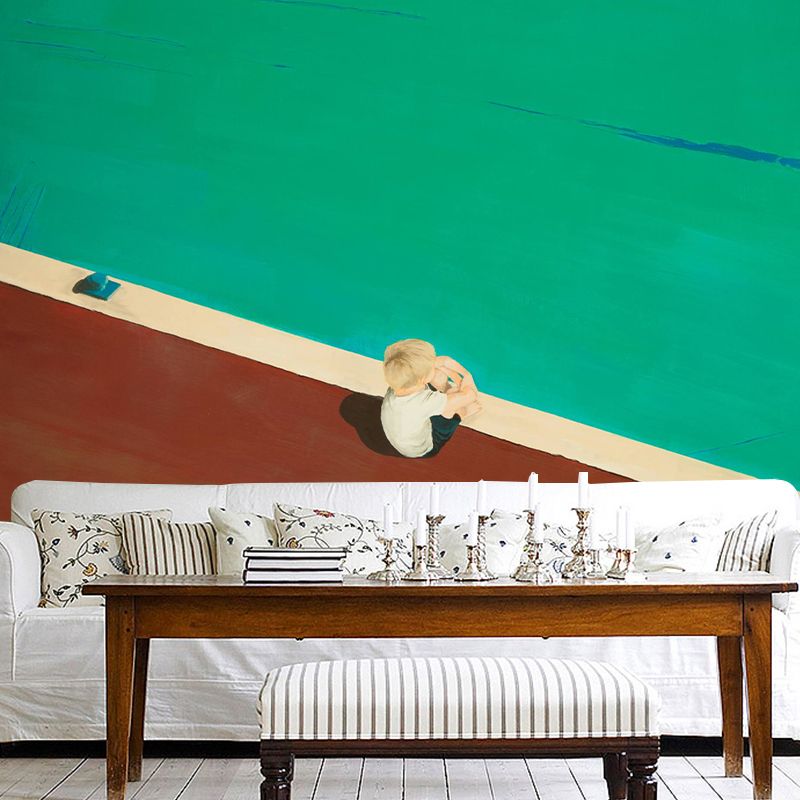Red-Green Art Wall Mural Whole Boy by the Pool Side Alone Drawing Wall Covering for Home