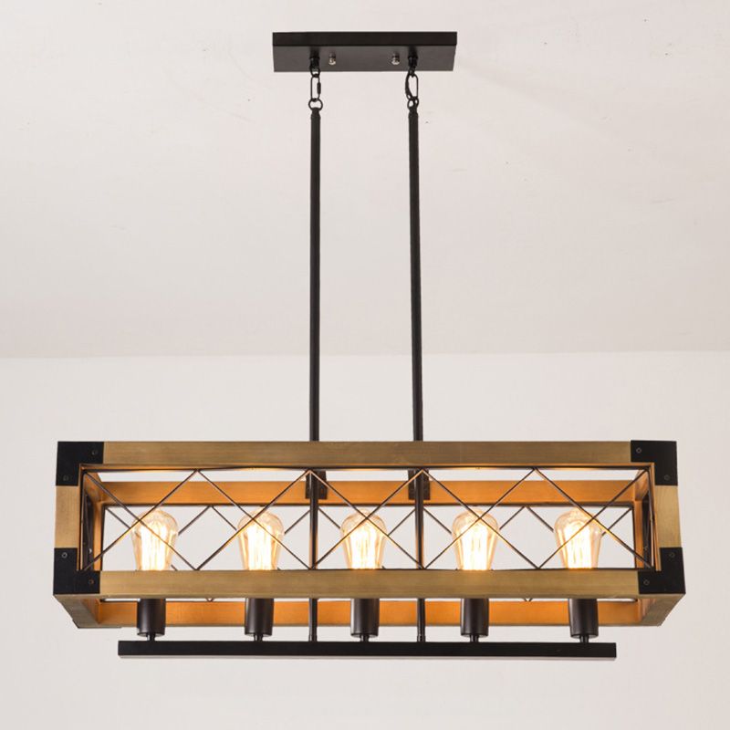 Rectangle Over Island Lighting Wooden Retro Industrial Style Hanging Island Lights for Restaurant