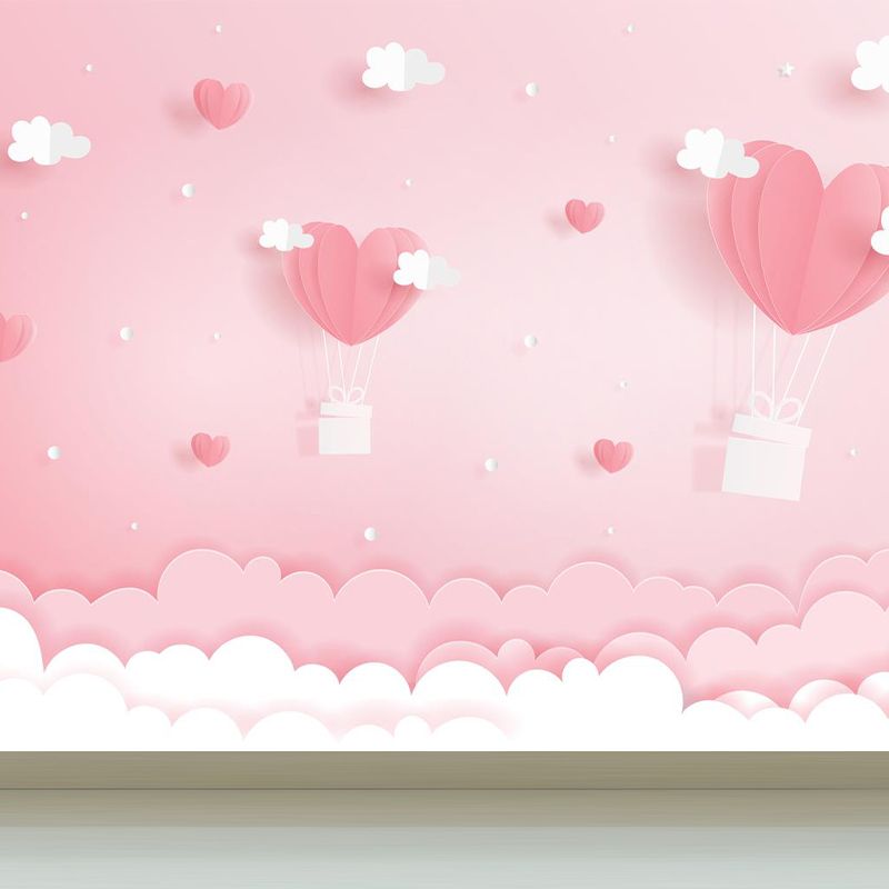 Full Size Cartoon Mural Wallpaper Pink Heart-Shaped Hot Air Balloon Wall Decor, Custom Print