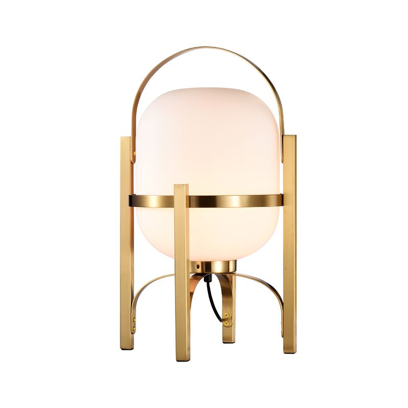 Lámpara de escritorio ovalada con acabado dorado y luz LED posmoderna para mesa de noche con pantalla de cristal blanco/gris humo