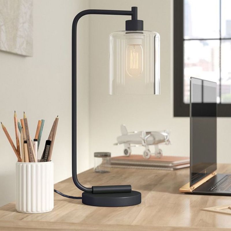 Industrial Cylindrical Night Table Lighting 1-Head Clear Glass Nightstand Light in Black for Bedroom