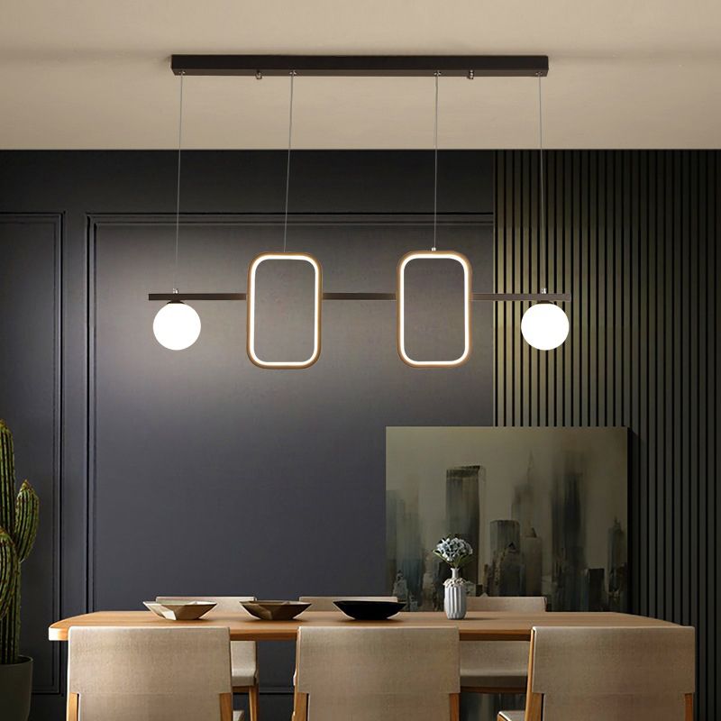 Symmetrical Geometric LED Hanging Light Minimalist Metal Dining Room Island Ceiling Light with Cream Glass Shade