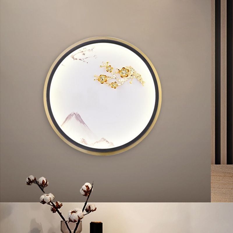 Metallic Rounded Plum Blossom Wall Lighting Oriental LED Mural Lamp in Gold for Hallway