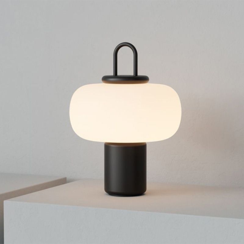 Black Lantern Table Lamp Postmodern 1-Light Ivory Glass Nightstand Light