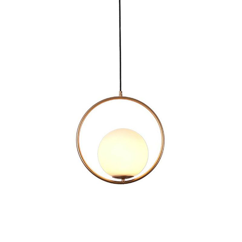Ball Ceiling Suspension Lamp Simple Style White Glass Single Pendant Light with Metal Ring